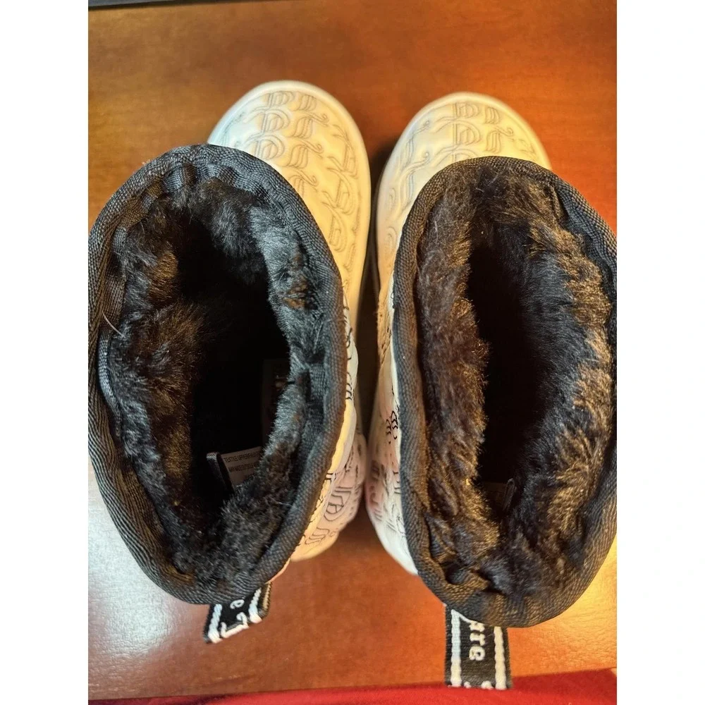 Juicy Couture Winter Boots – White/Black Monogram Print Cozy Faux Fur Lined